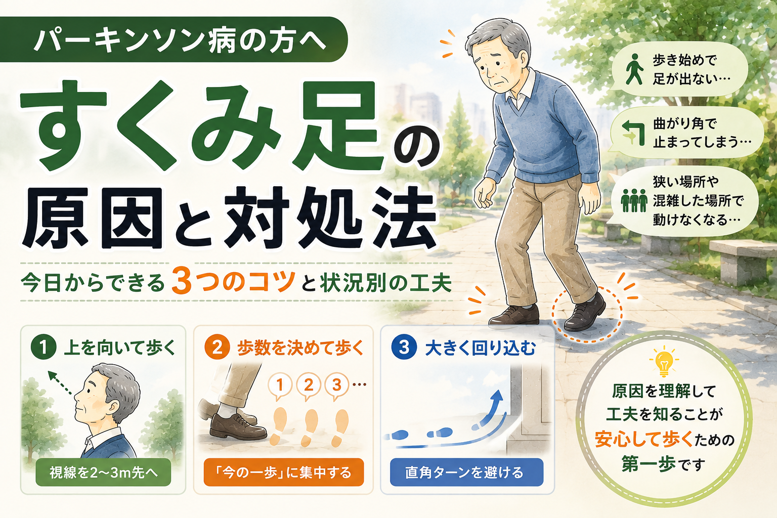 すくみ足で悩むパーキンソン病の方への対策と歩き方のコツ