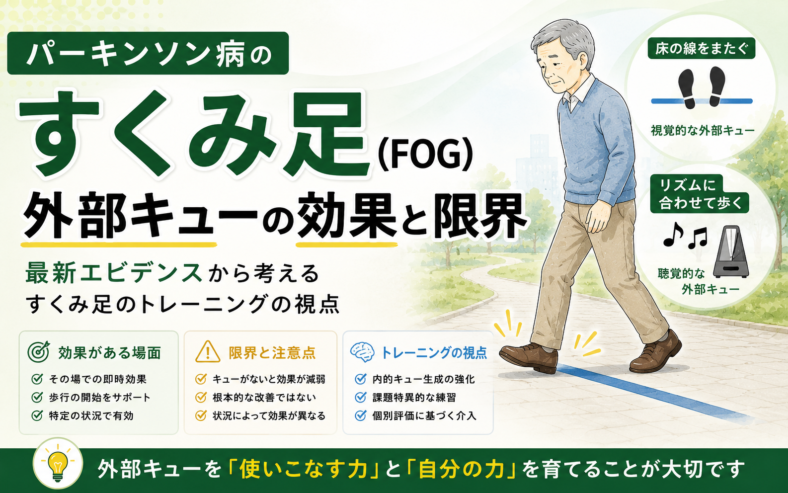 パーキンソン病のすくみ足と外部キュー｜「線をまたぐ」だけでは不十分な理由