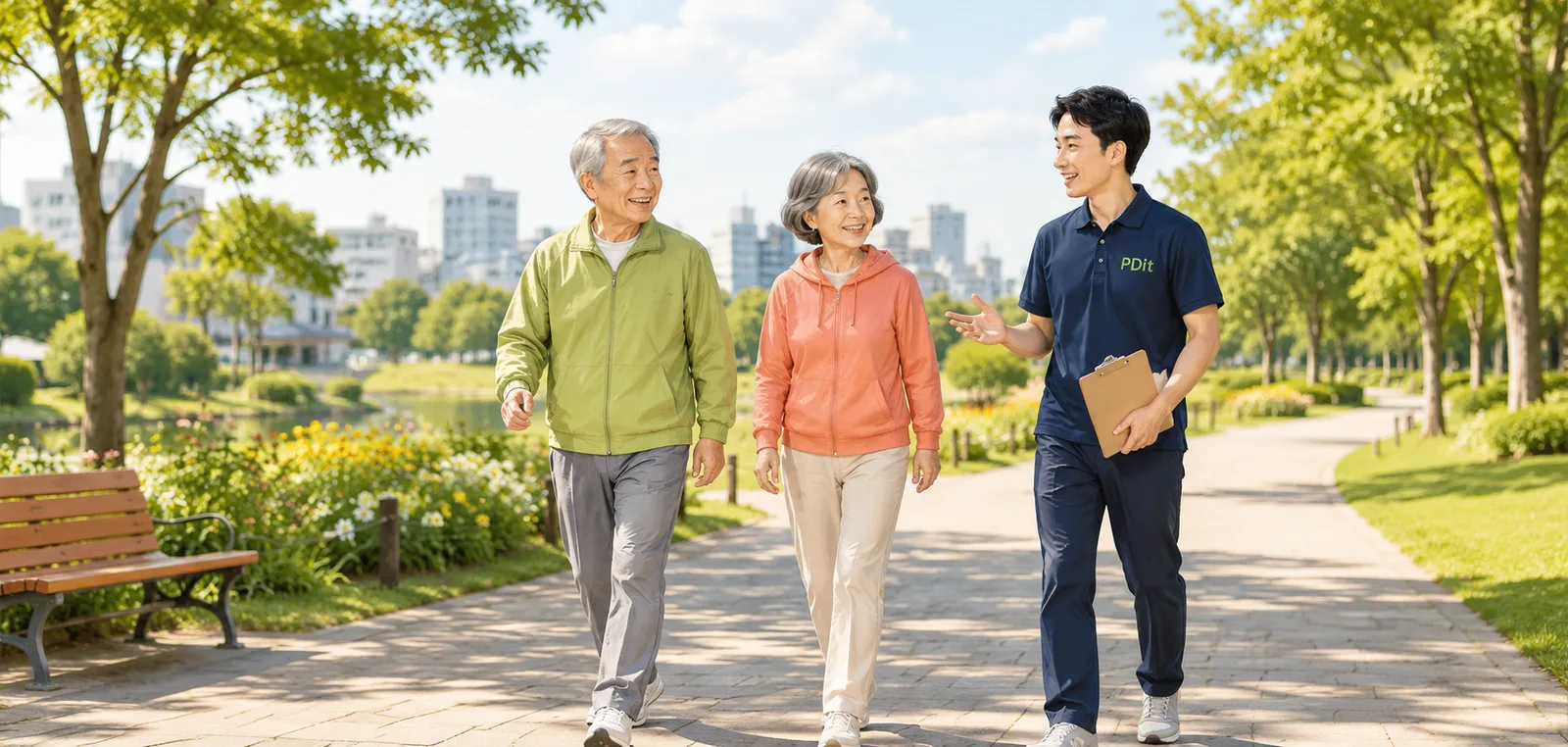 公園を一緒に歩くご夫婦とPDitスタッフ