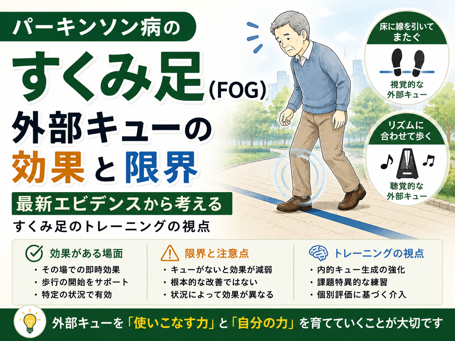 パーキンソン病のすくみ足と外部キュー｜「線をまたぐ」だけでは不十分な理由