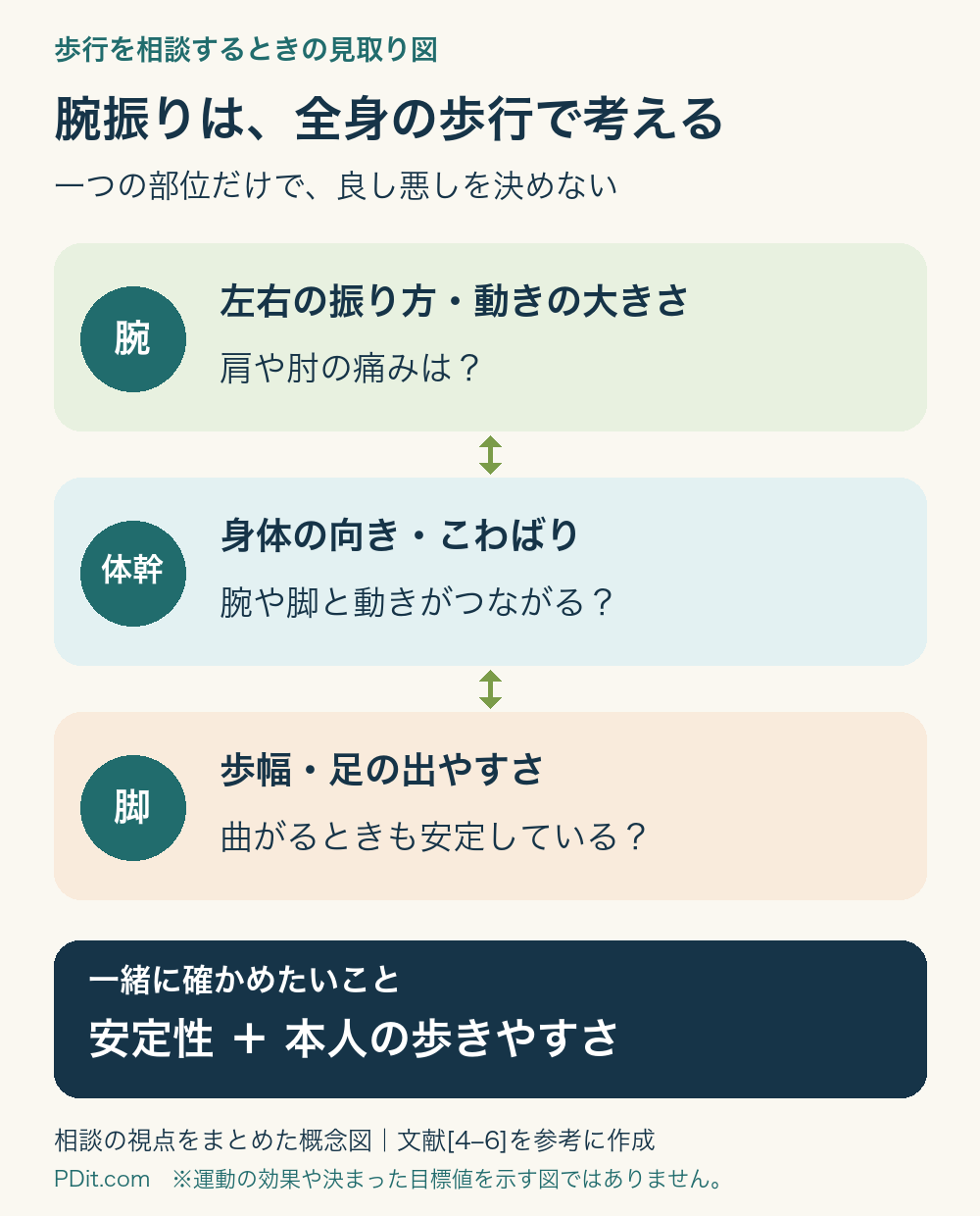 歩行は腕・体幹・脚の連動として確認する。腕振りの左右差や痛み、体幹の向きやこわばり、歩幅や足の出やすさを、安定性と本人の歩きやすさに結びつけて相談する概念図。